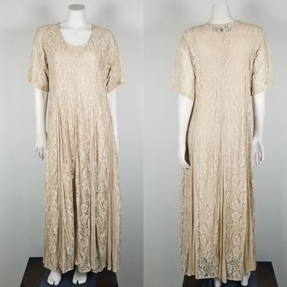 Avant Garde VTG 80s Bohemian Cottage Floral Lace Beige Flowy Rayon Dress Size M - Picture 1 of 16